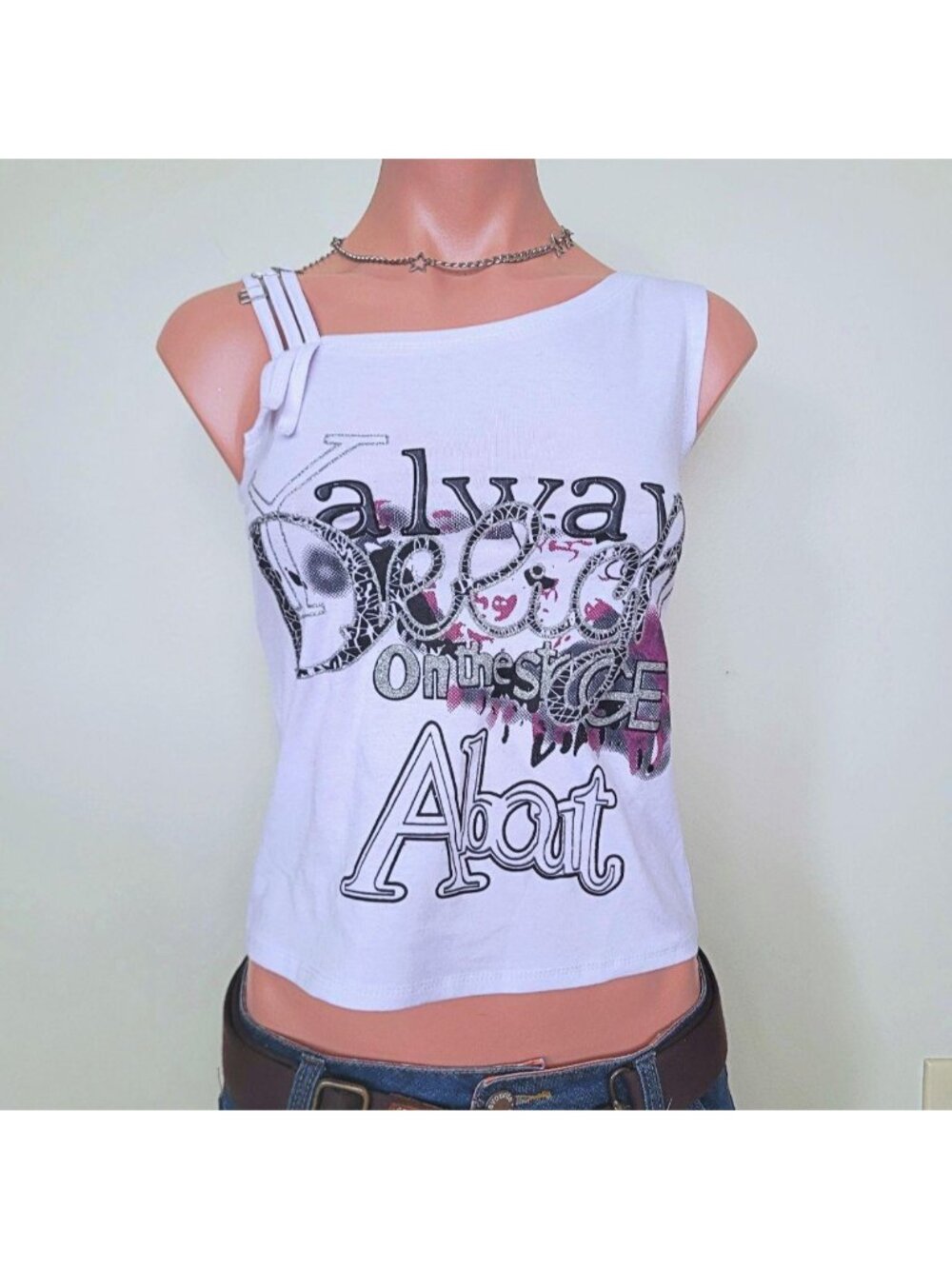 Vintage Y2K Triple Buckle Accent Graphic Printed Cotton Tank Top (One Size)
